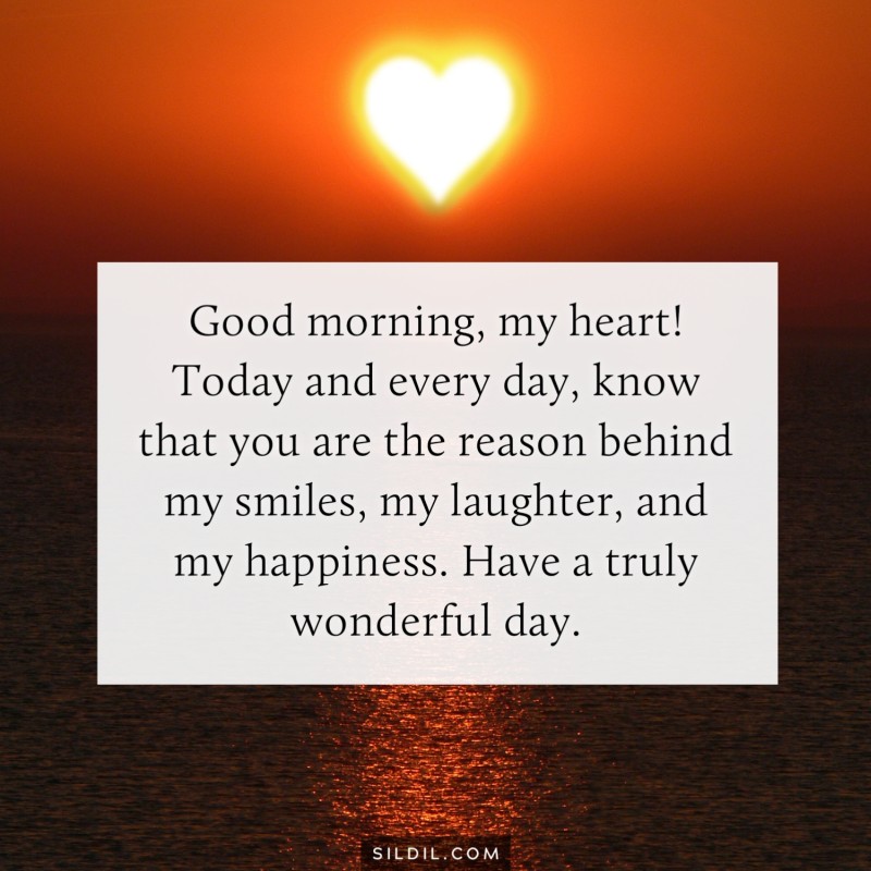 Good morning, my heart! Today and every day, know that you are the reason behind my smiles, my laughter, and my happiness. Have a truly wonderful day.
