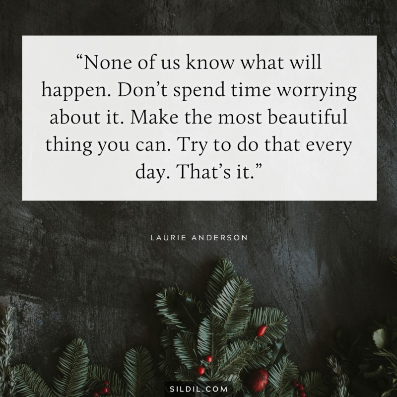 None of us know what will happen. Don’t spend time worrying about it. Make the most beautiful thing you can. Try to do that every day. That’s it. ― Laurie Anderson