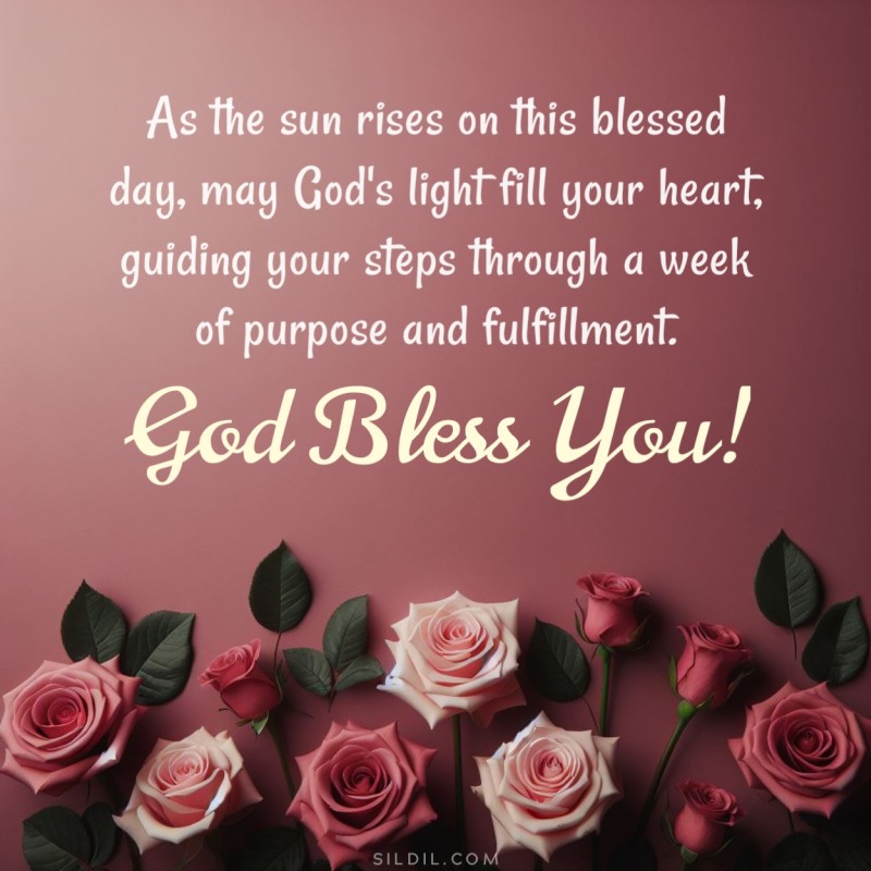 As the sun rises on this blessed day, may God's light fill your heart, guiding your steps through a week of purpose and fulfillment. God bless you!
