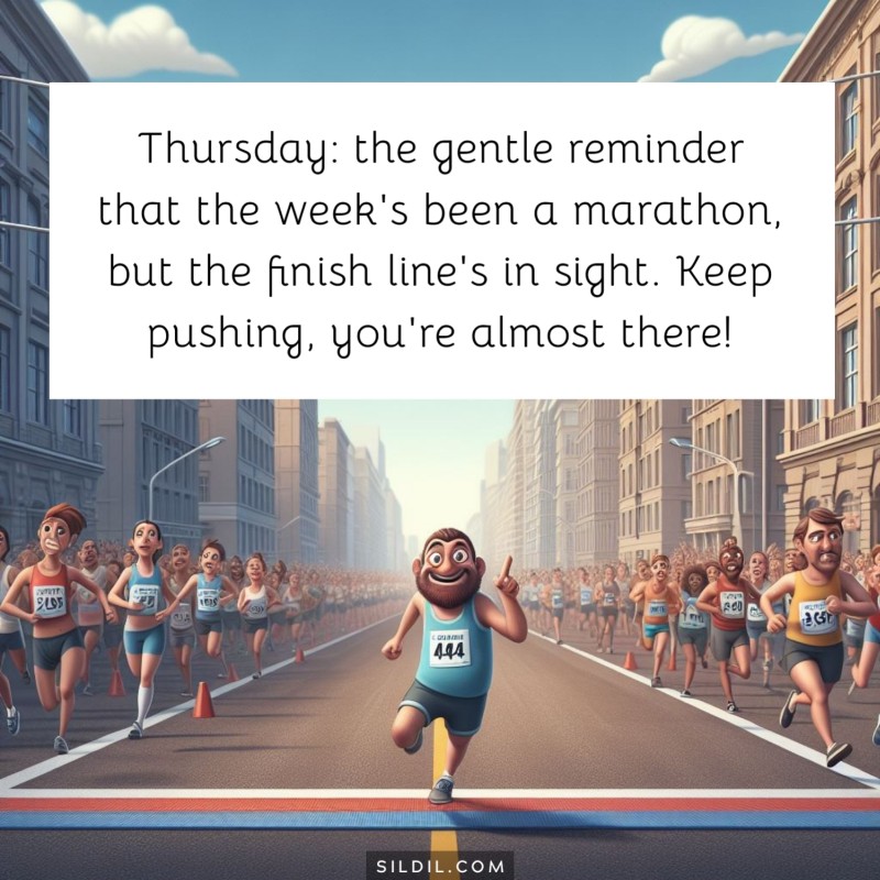Thursday: the gentle reminder that the week's been a marathon, but the finish line's in sight. Keep pushing, you're almost there!
