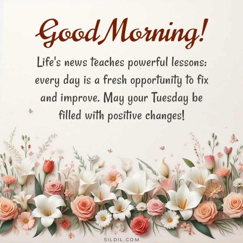 Good morning! Life's news teaches powerful lessons: every day is a fresh opportunity to fix and improve. May your Tuesday be filled with positive changes!