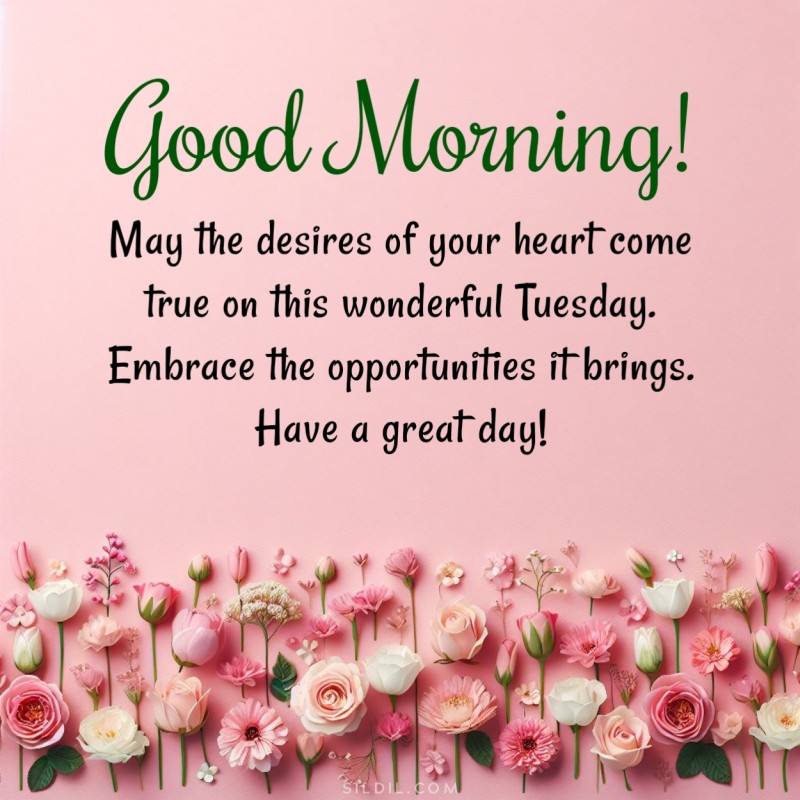 Good Morning! May the desires of your heart come true on this wonderful Tuesday. Embrace the opportunities it brings. Have a great day!
