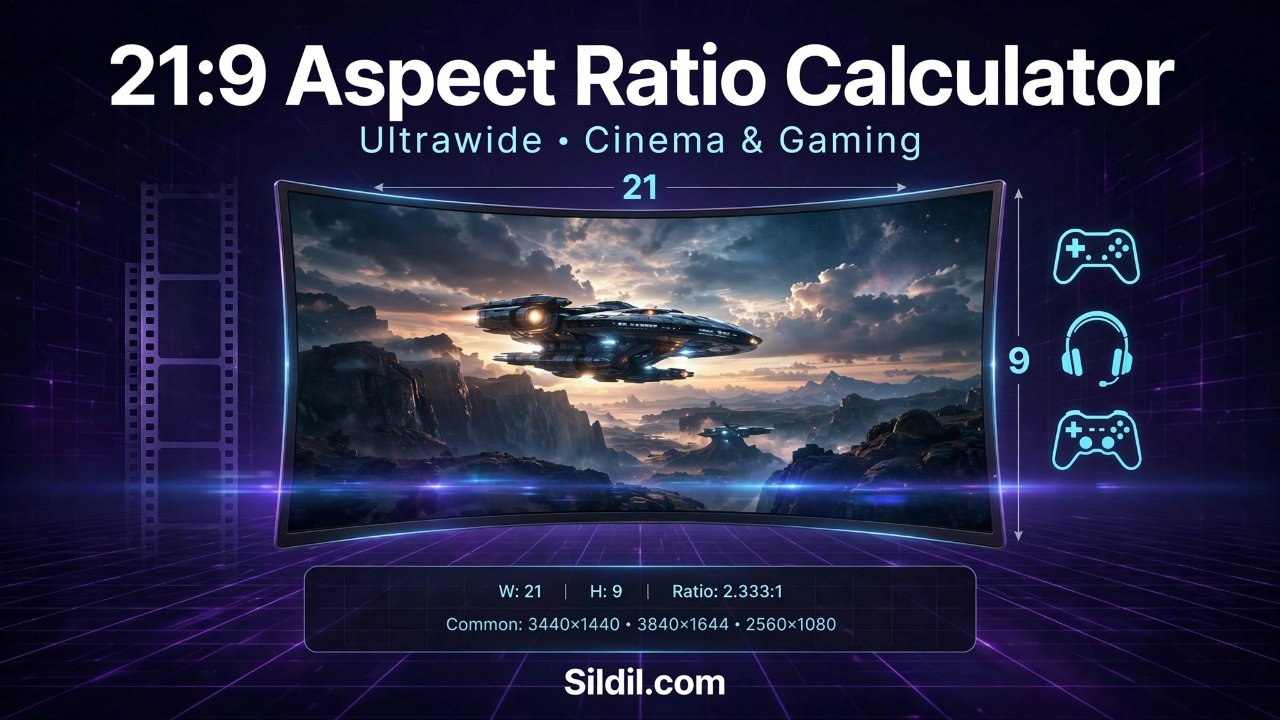 Free 21:9 aspect ratio calculator. Find width or height for ultrawide monitors, cinema, and gaming. Supports 2560x1080, 3440x1440, 5120x2160, and any custom dimension. Includes pixel count and diagonal.