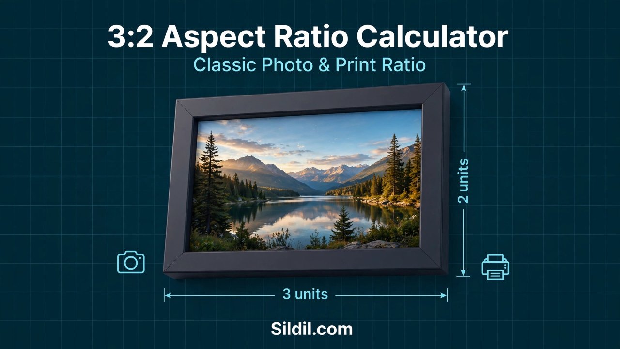 Free 3:2 aspect ratio calculator for DSLR photography, prints, and images. Find width or height for 3000x2000, 3600x2400, and custom sizes.