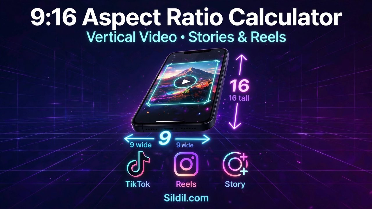 Free 9:16 aspect ratio calculator for vertical video, TikTok, Reels, Shorts, and mobile stories. Find width or height for 1080x1920, 720x1280, and custom sizes.