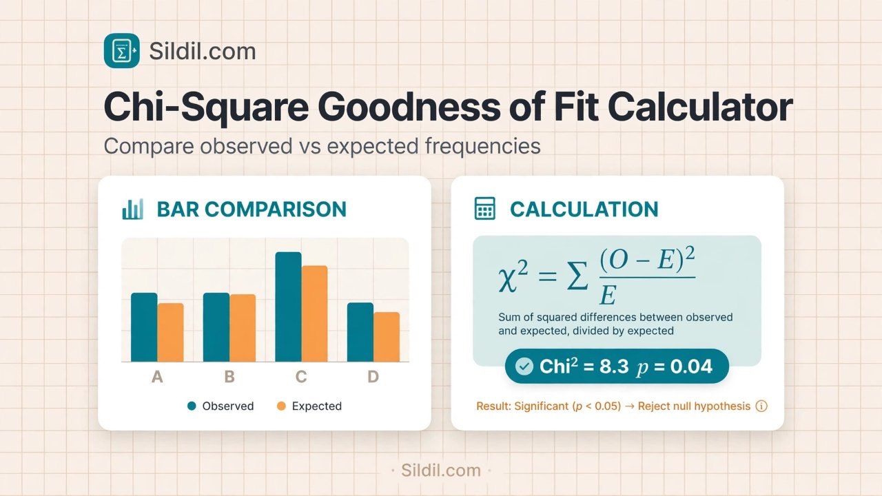 Run a Pearson chi-square goodness-of-fit test from observed counts and expected frequencies or proportions. Get χ², df, p-value, critical value, contribution table, and step-by-step results.