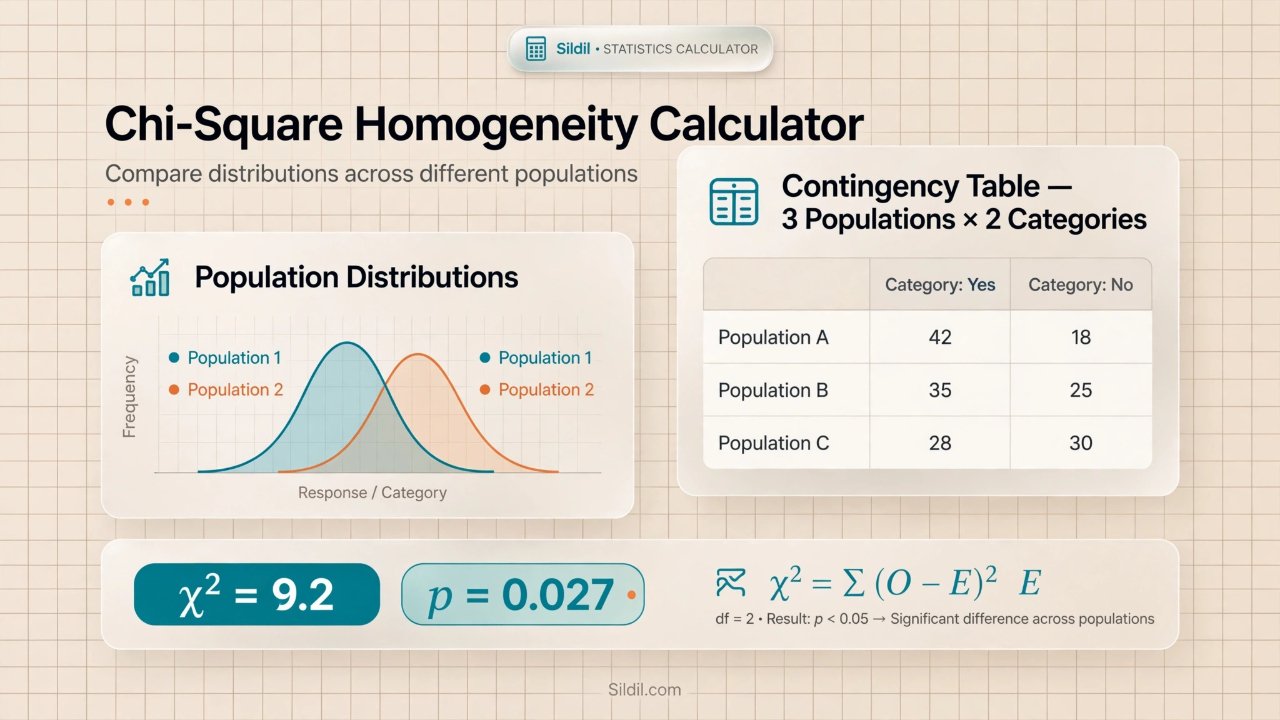 Calculate the Pearson chi-square test of homogeneity for comparing categorical distributions across independent groups. Get χ², df, p-value, critical value, Cramér's V, Phi (2×2), expected counts, standardized residuals, and step-by-step results.