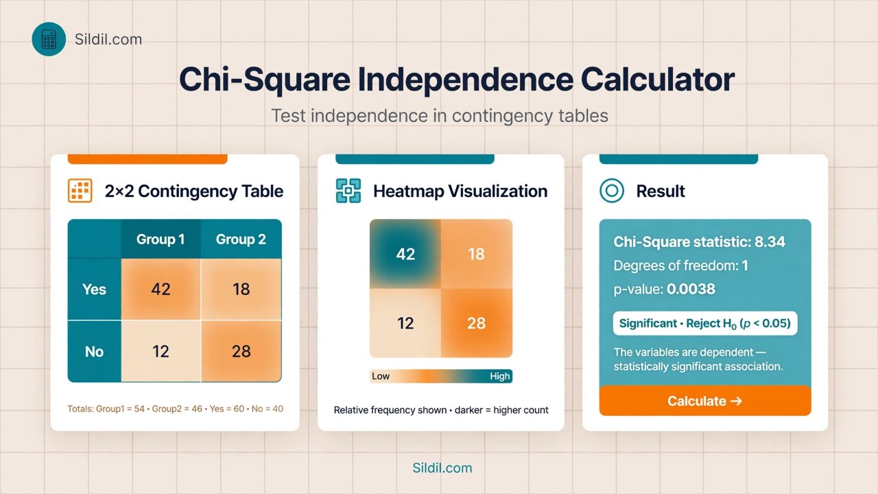 Calculate the Pearson chi-square test of independence for an r×c contingency table. Get χ², df, p-value, critical value, Cramér's V, Phi (2×2), expected counts, standardized residuals, and step-by-step results.