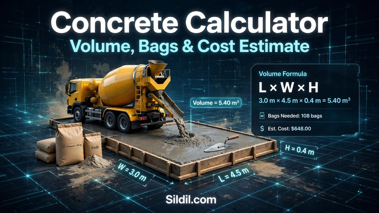 Use this concrete calculator to estimate volume, cubic yards, bags, and waste. Perfect for figuring concrete needs, Quikrete calculations, concrete slab cost, and concrete floor cost estimates.
