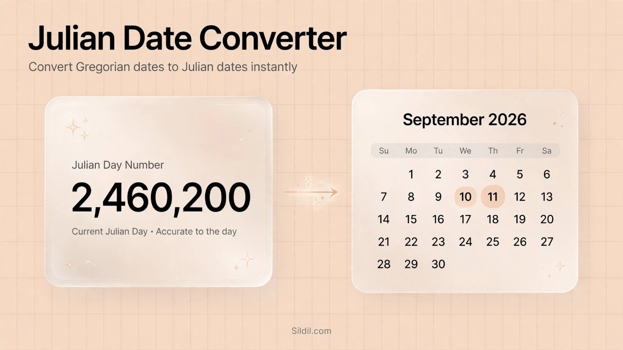 Free Julian Date Converter. Calculate Julian Date (JD), Julian Day Number (JDN) and Modified Julian Date (MJD) from any Gregorian or Julian calendar date — or convert a Julian date back to a real calendar date, with fractional time, day-of-year, and YYYYDDD codes.