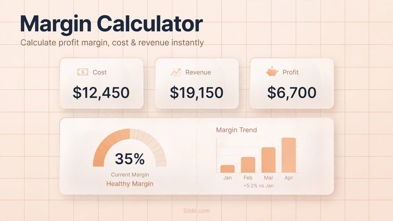 Free margin calculator. Calculate profit margin, gross margin, and markup from cost and price — or reverse-calculate the selling price you need for a target margin. Add shipping, marketplace fees, payment fees, ads, and returns for product-level margin, or enter period totals for business gross, operating, and net margins.