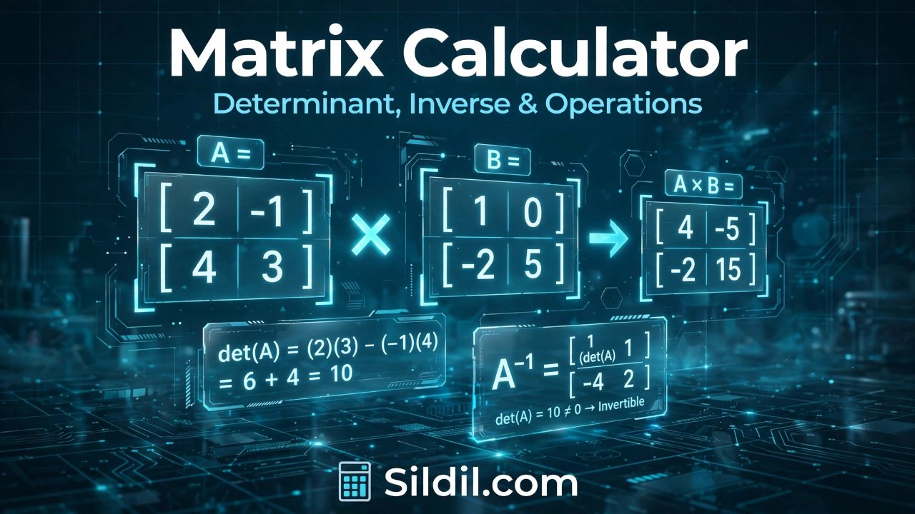 Calculate matrix addition, subtraction, multiplication, determinants, inverses, transpose, and more with customizable rows and columns and step-by-step solutions.