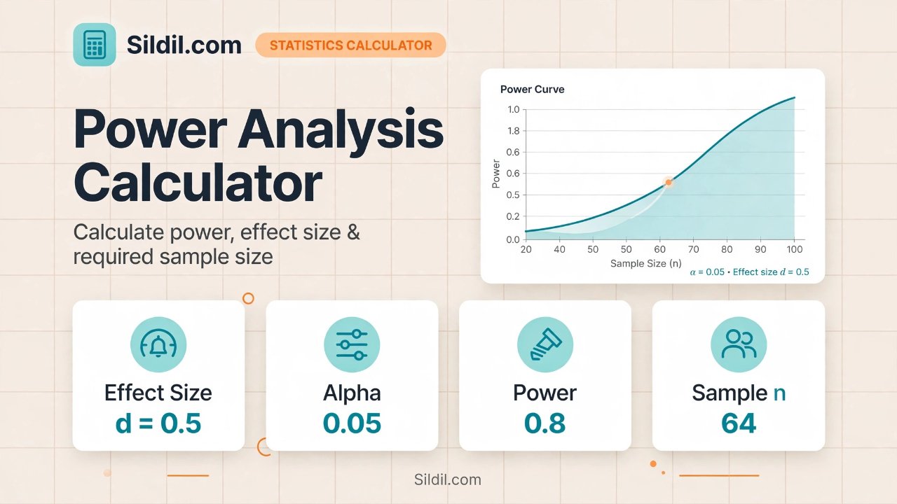 Calculate statistical power, required sample size, minimum detectable effect (MDE), and Type II error (beta) for means, proportions, paired designs, correlation, and regression. Transparent formulas and sensitivity tables.