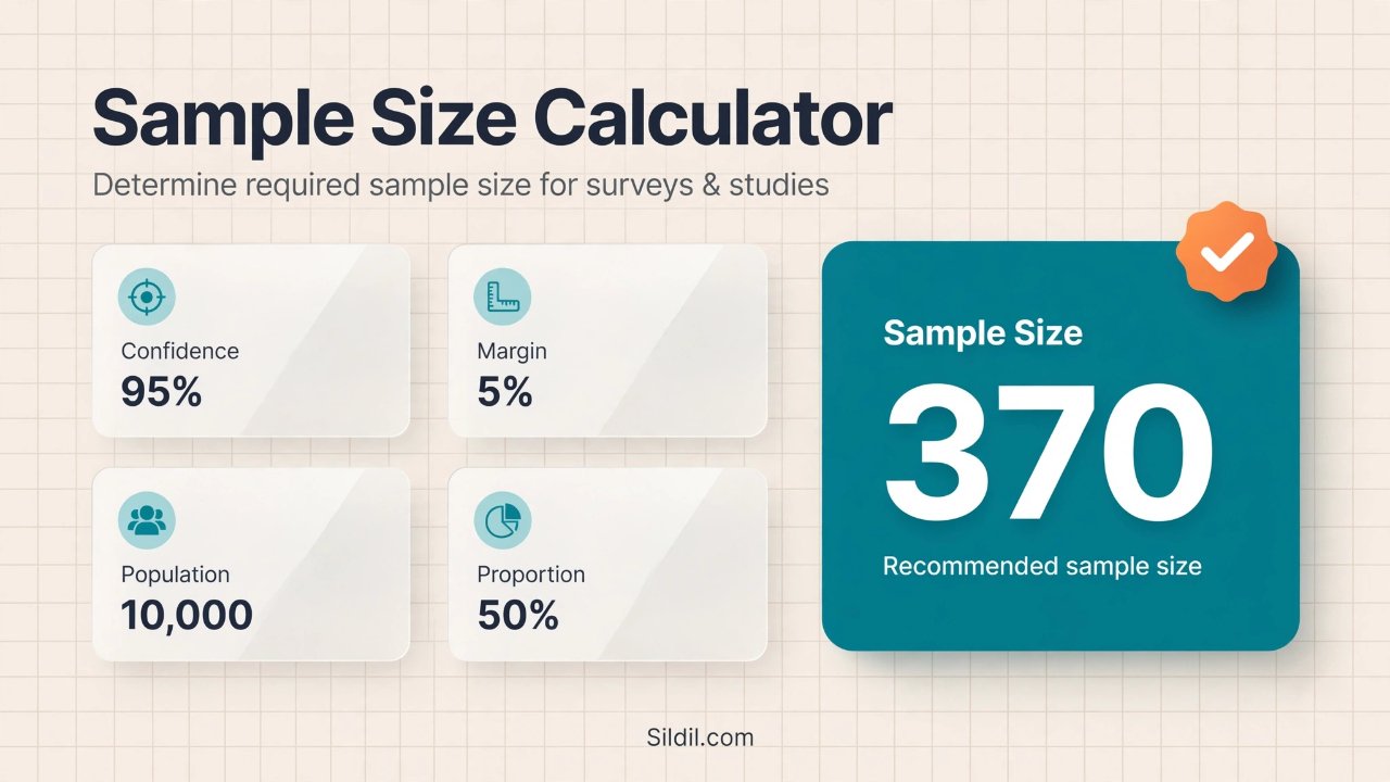 Calculate required sample size for surveys, populations, means, proportions, and experiments from confidence level, margin of error, effect size, alpha, and statistical power. Includes finite population correction, reverse MOE, and recruitment planning.