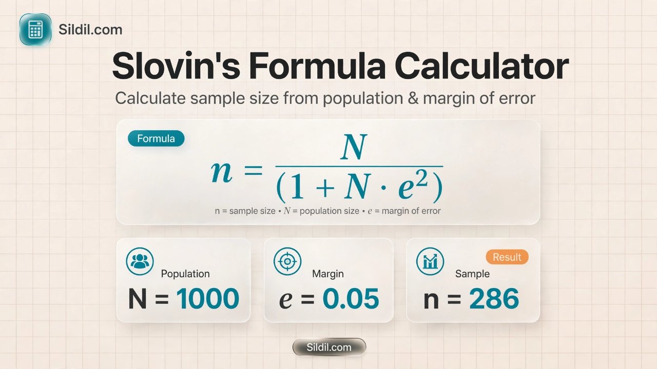 Calculate sample size with Slovin's formula n = N / (1 + Ne²). Solve for population or margin of error, plan response rates, and compare error levels with worked steps and limitations.