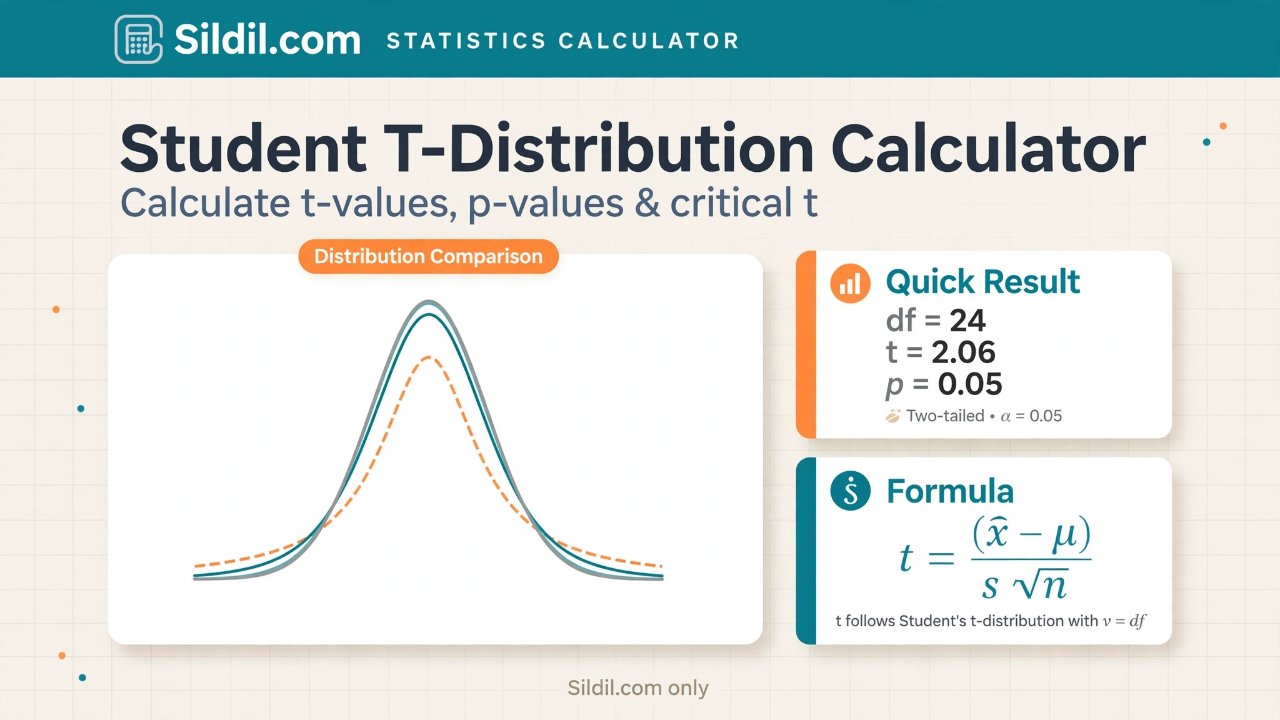 Calculate Student's t-distribution PDF, CDF, tail probabilities, critical t values, quantiles, and t-table values for any degrees of freedom. Not a t-test.