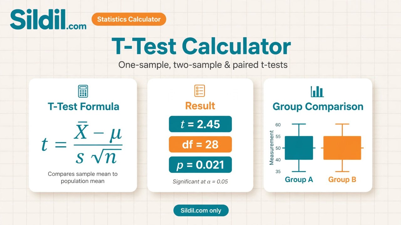 Calculate one-sample, two-sample Student's t, Welch's, and paired t-tests from raw data or summary statistics. Get t statistic, degrees of freedom, p-value, critical t, confidence interval, and Cohen's d.