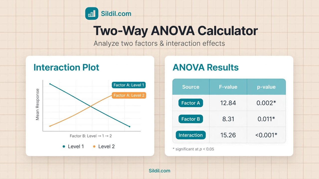 Free two-way ANOVA calculator for two-factor experiments. Analyze main effects, interaction, ANOVA tables, F-tests, p-values, effect sizes, post-hoc comparisons, simple effects, and assumptions.