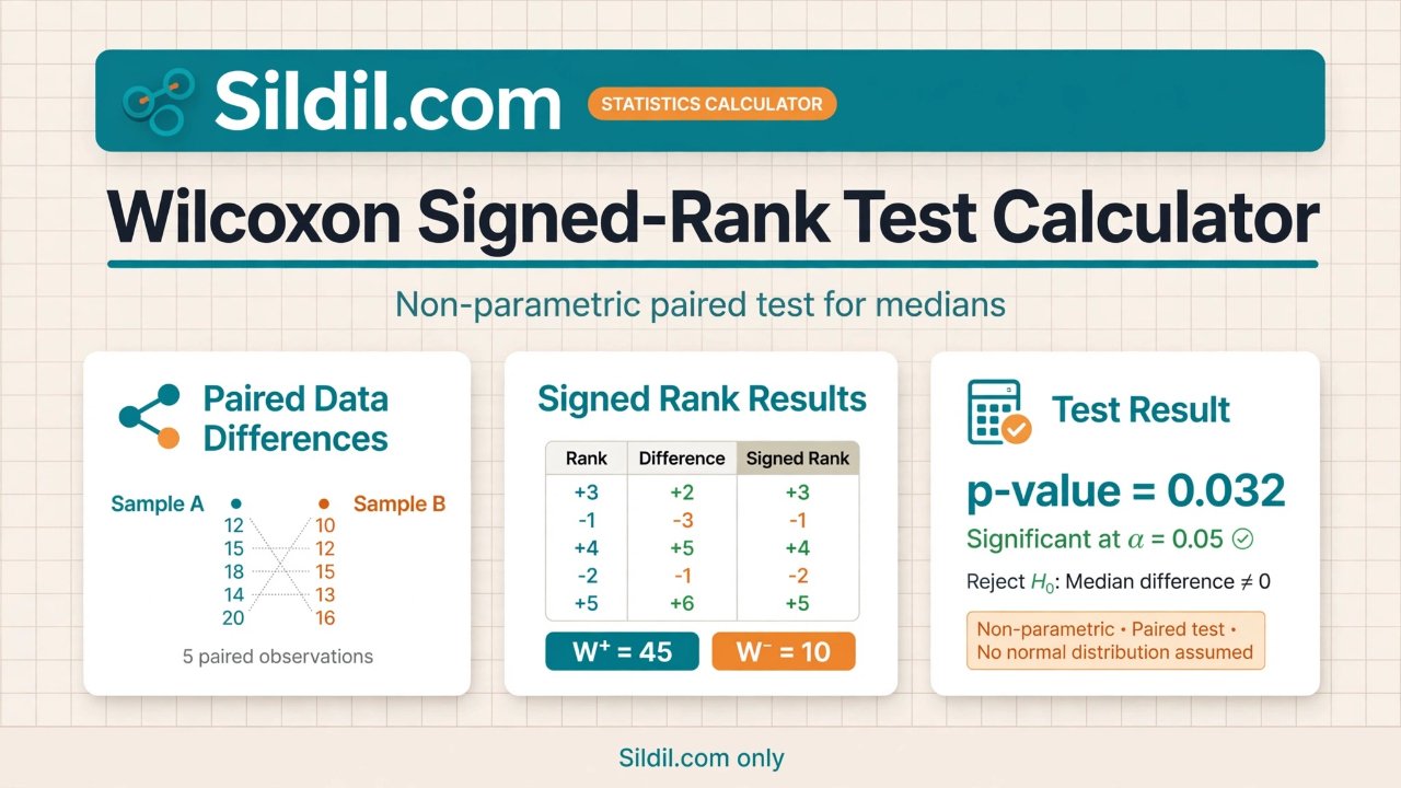 Calculate the Wilcoxon signed-rank test for paired samples with signed ranks, W statistic, exact or normal-approximation p-value, z statistic, effect size, and detailed calculation steps.